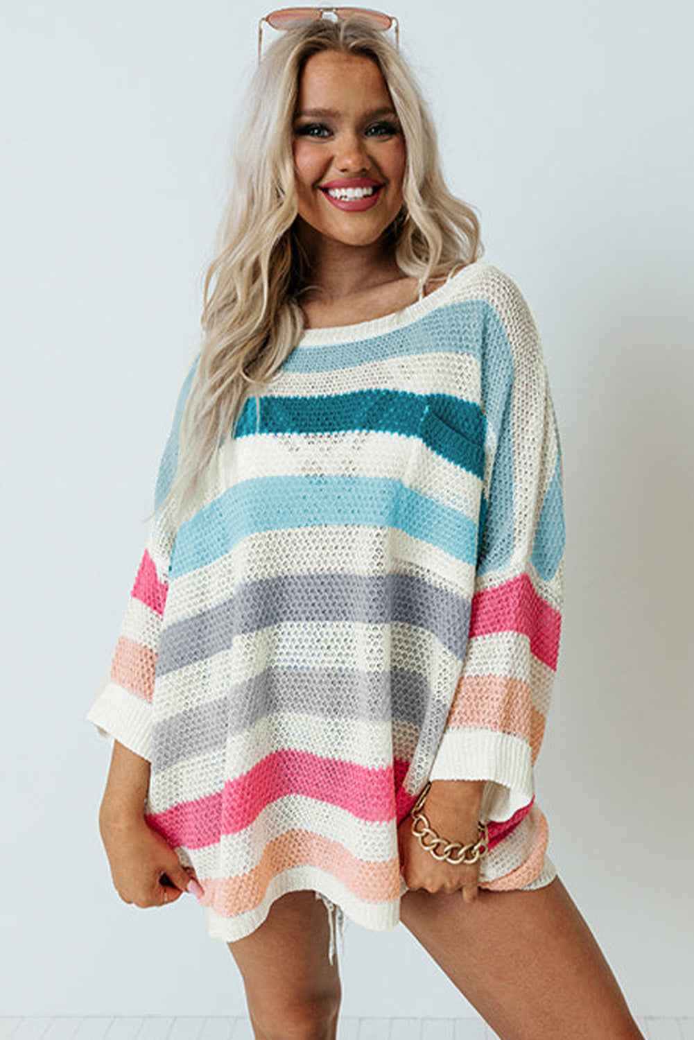 Multicolor Striped Knit Top with Chest Pocket