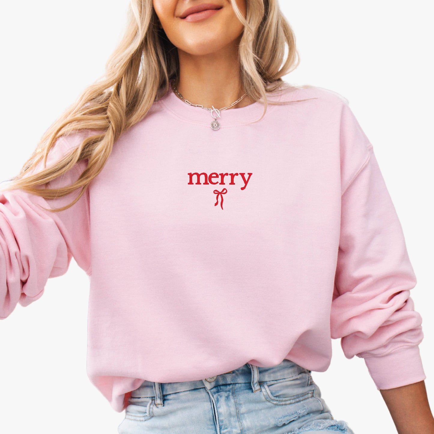 Embroidered Christmas Sweatshirt Holiday Crewneck Merry Bow: Forest Green / X-large