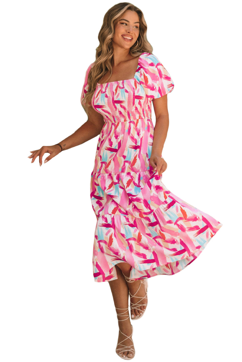 Pink Brush Stroke Printed Smocked Ruffle Tiered Dress