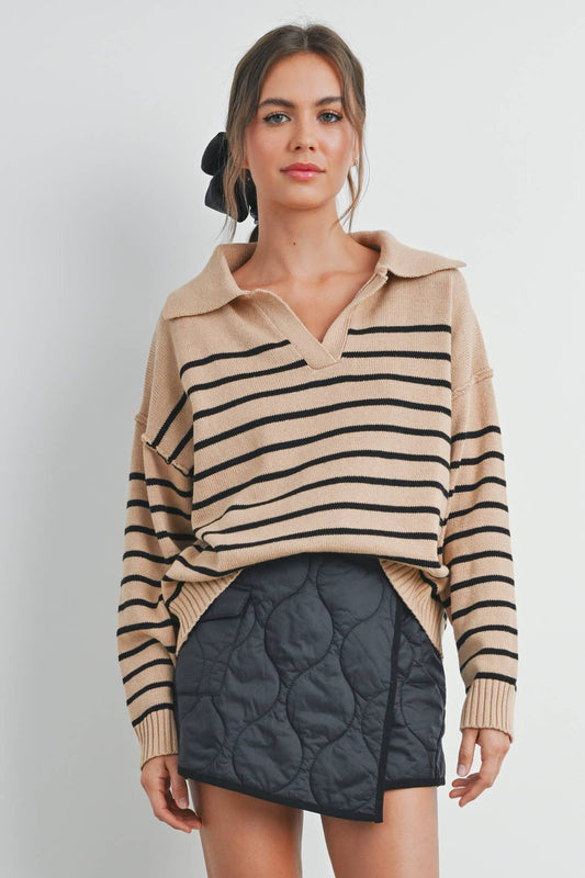 V-NECK STRIPED SWEATER: TAUPE / BLACK / S