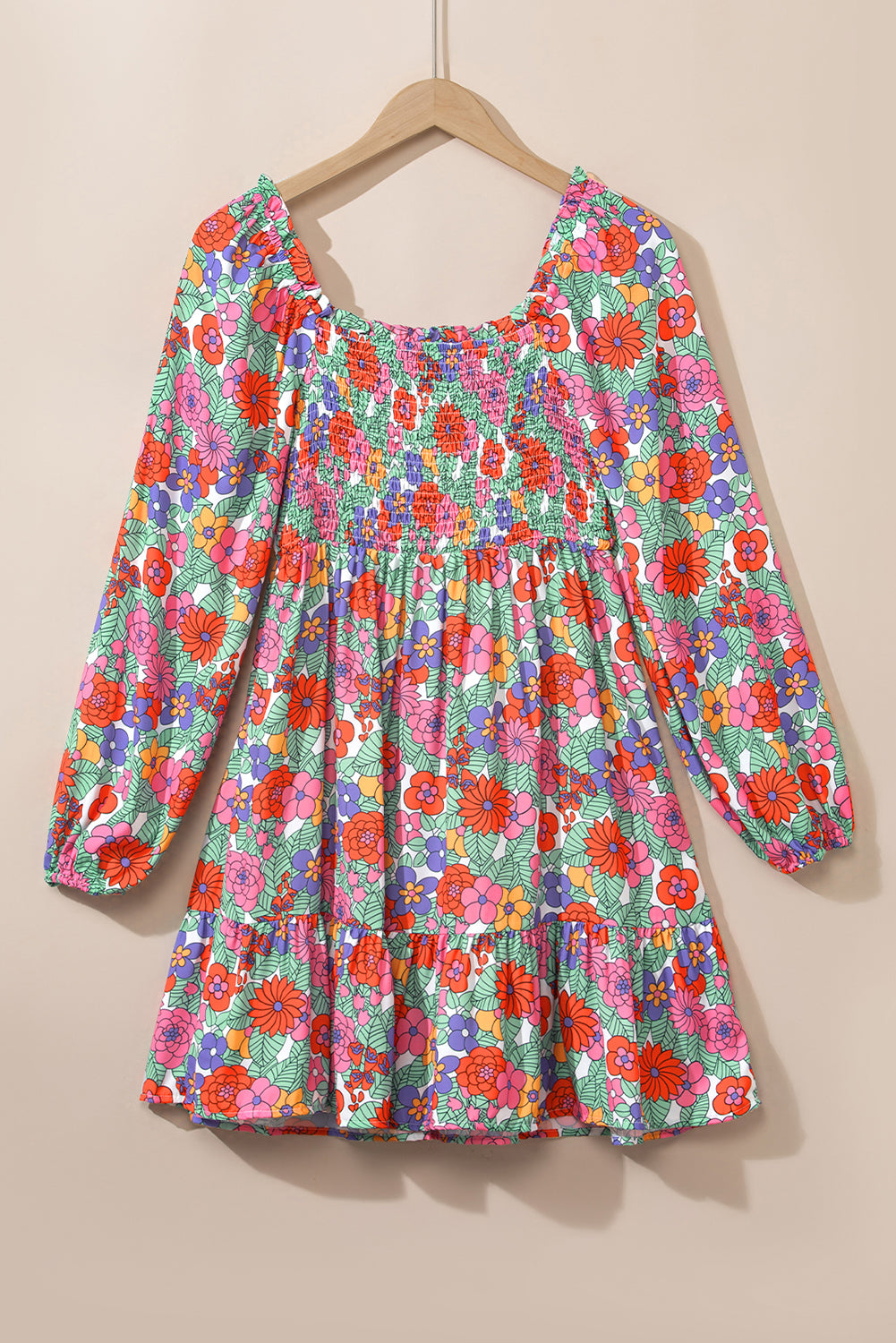 Floral Smocked Bust Square Neck Ruffled Dress