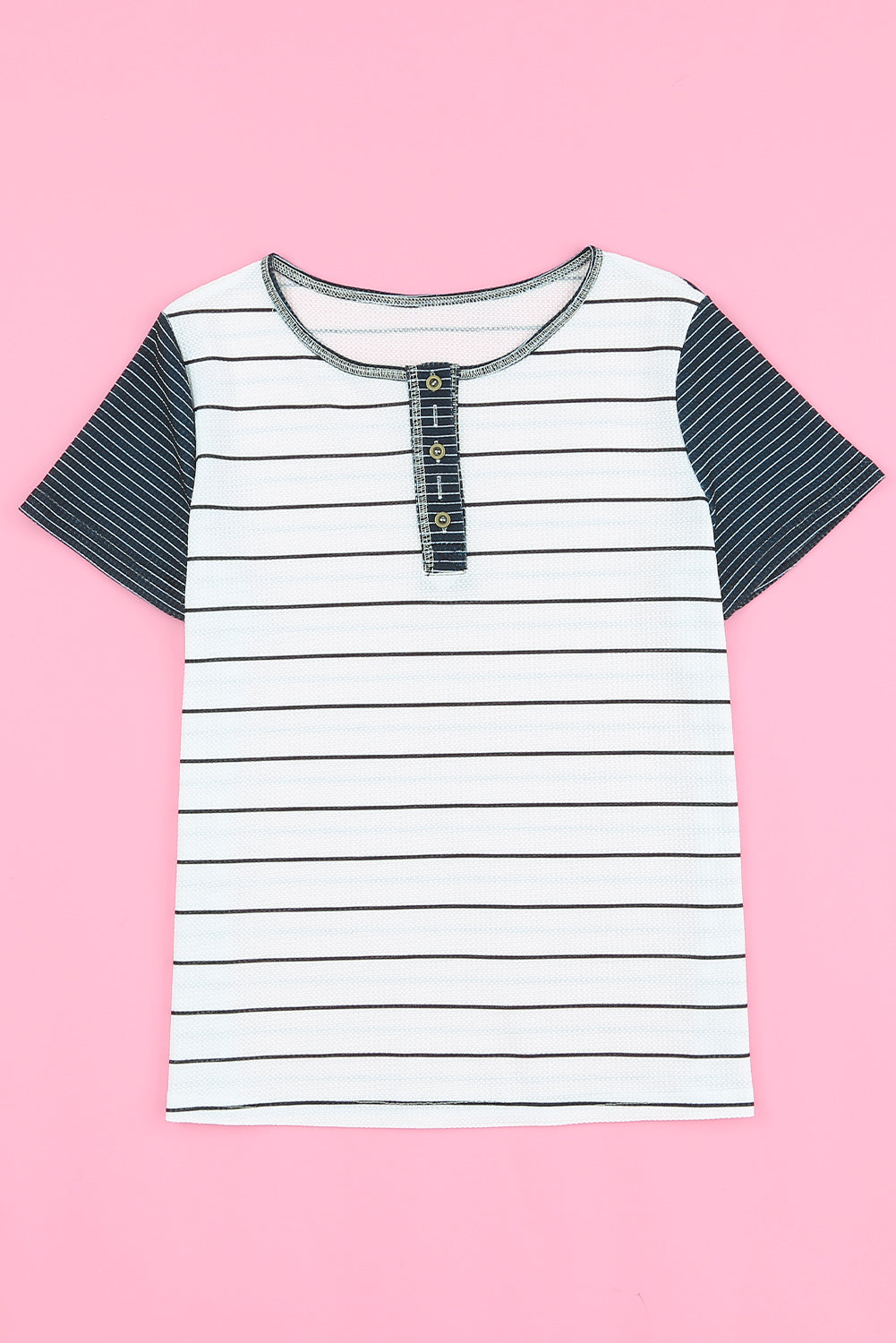 White Striped Colorblock Buttons T Shirt