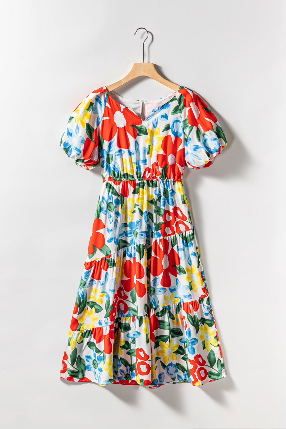 Multicolor Notch Neckline Bubble Sleeve Floral Midi Dress