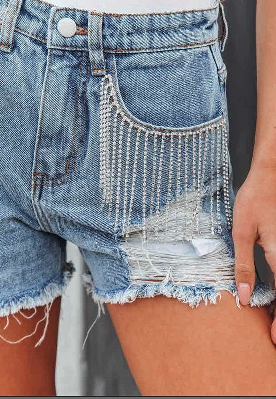 Fringe rhinestone distressed shorts