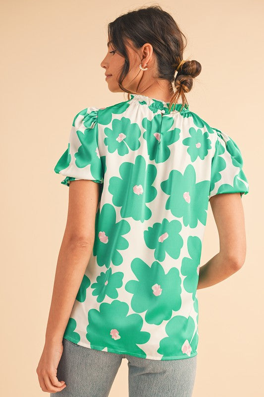 Green Floral Puff Sleeve Frill Neckline Blouse