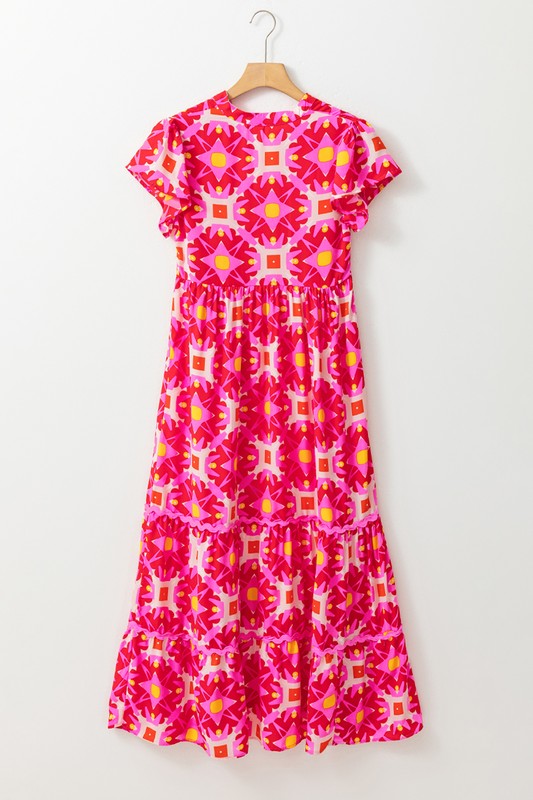 Women Strawberry Geo Print V-neck Maxi Dress