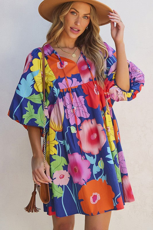 Women Floral Print Split Neck Babydoll Dress