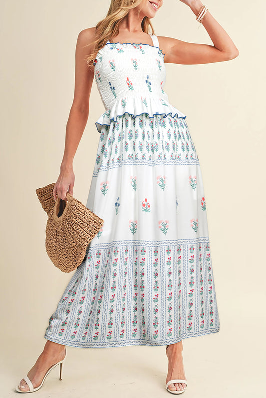 White Floral Print Smocked Ruffled Sleeveless Maxi Dress