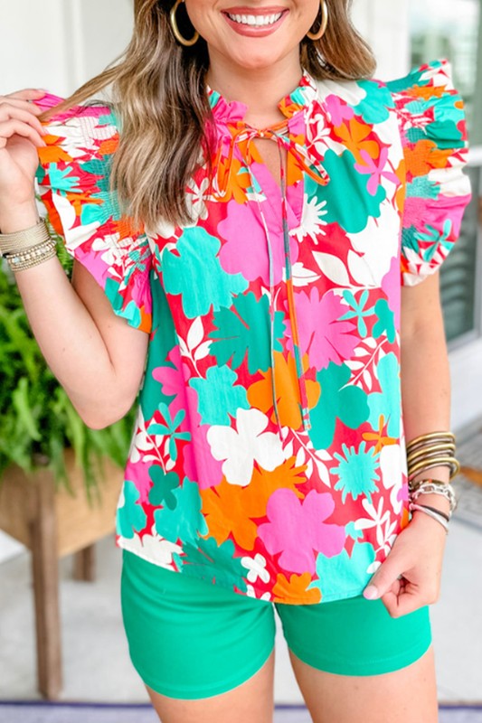 Women  Floral Tie Split Neck Ruffle Trim Blouse