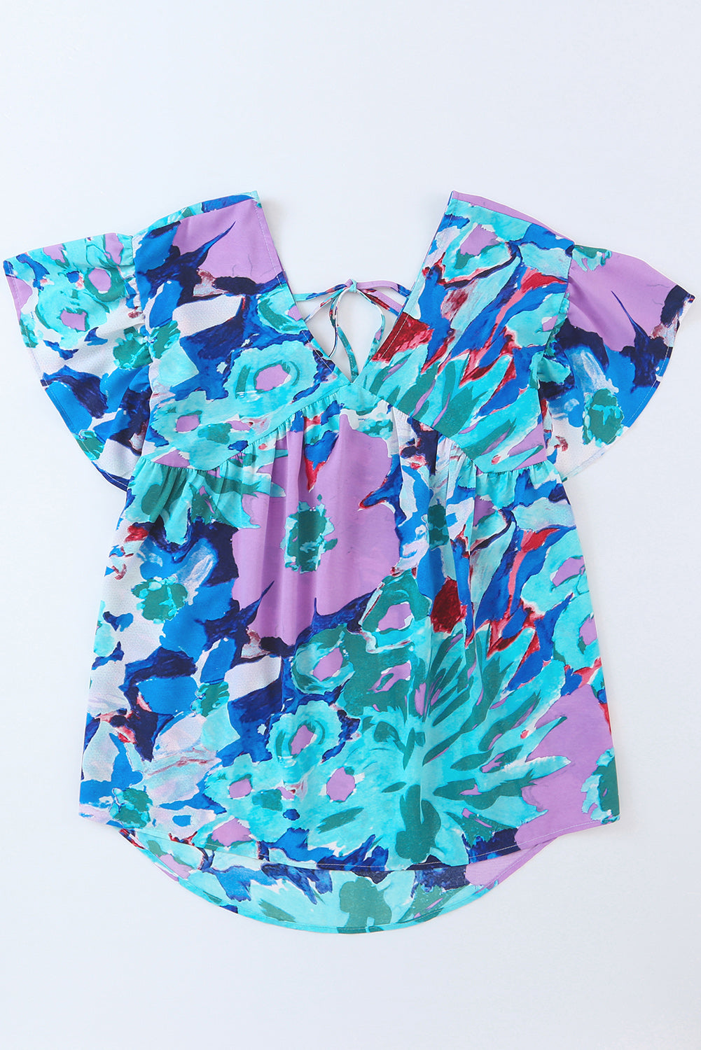 Sky Blue Abstract Print V Neck Flutter Sleeve Blouse