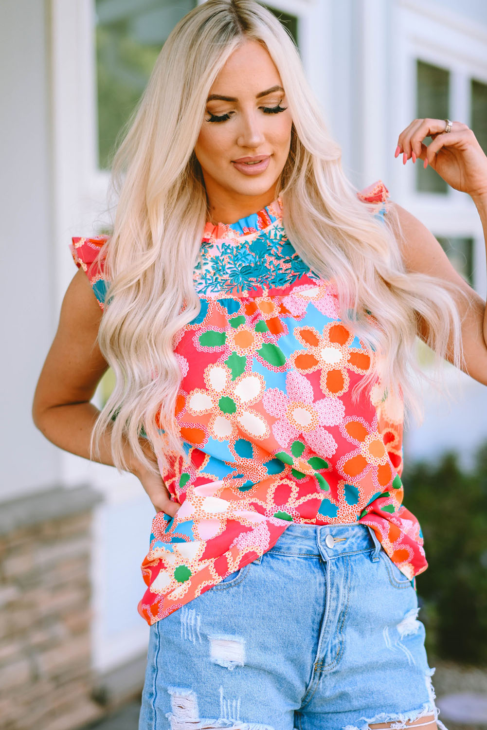 Pink Embroidered Detail Floral Print Ruffle Trim Tank Top