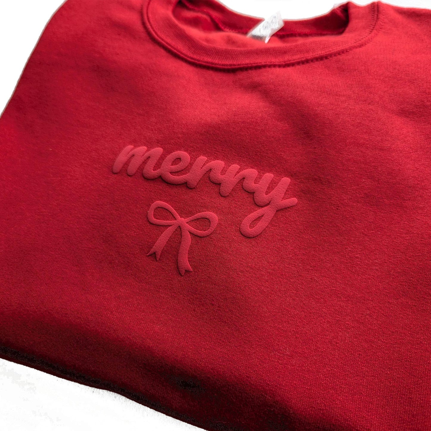 Christmas Sweatshirt MERRY Holiday Crewneck Sweater Puff Bow: Red / 2XL