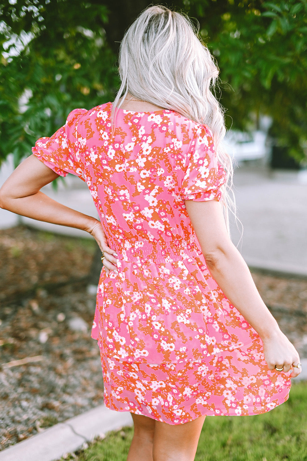 Pink Floral V Neck Short Ruffle Tiered Dress