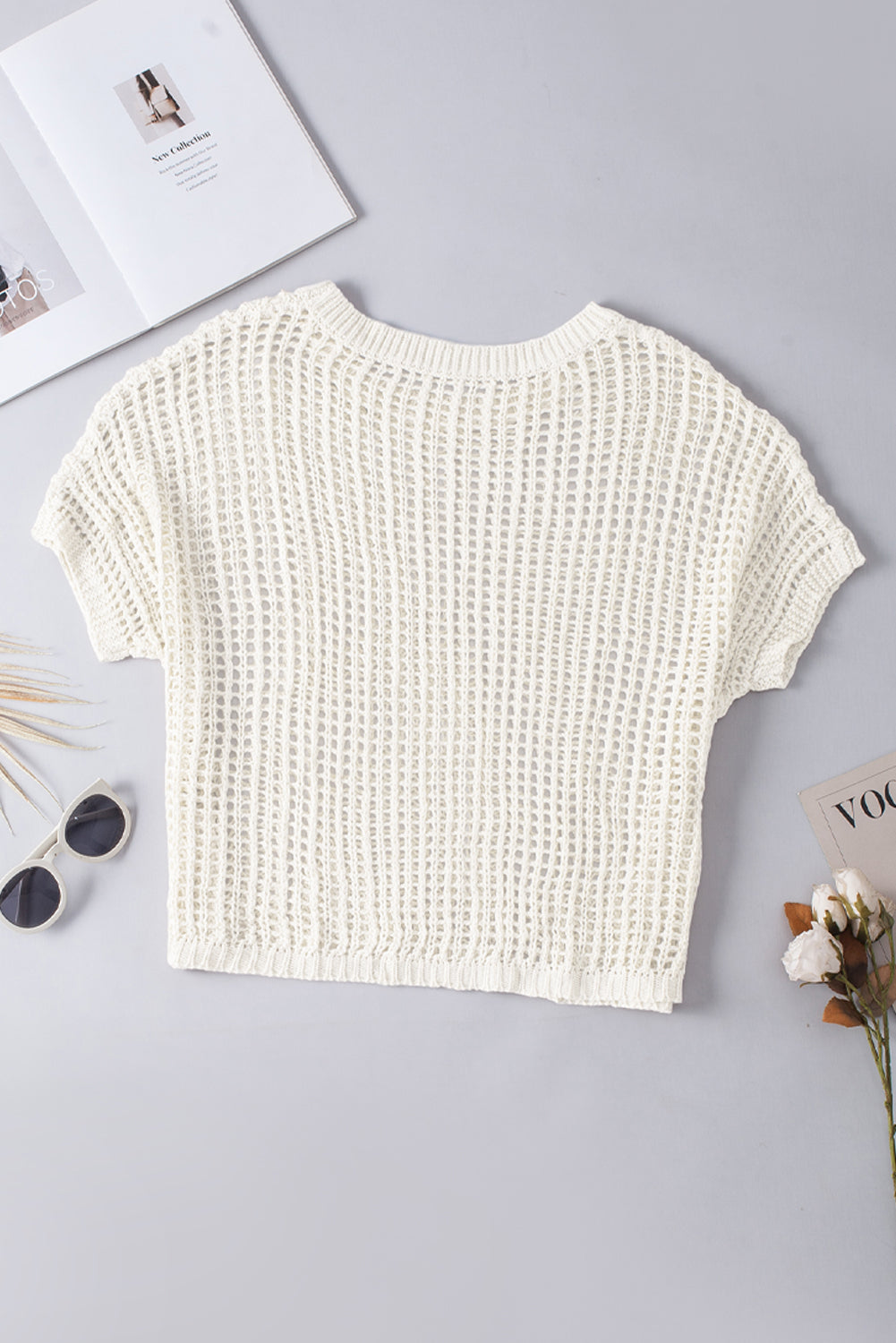 Whit Fishnet Knit Ribbed Round Neck Short Sleeve Sweater Tee