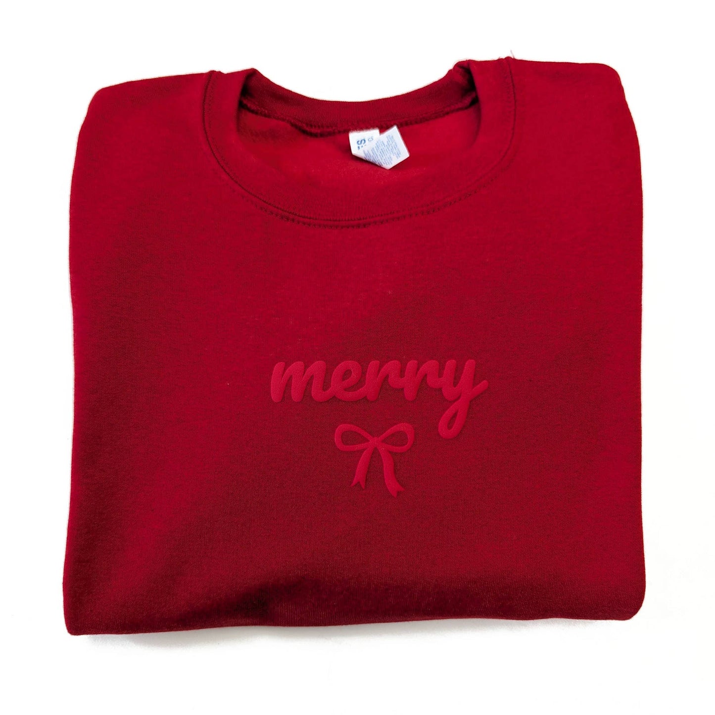 Christmas Sweatshirt MERRY Holiday Crewneck Sweater Puff Bow: Red / 2XL