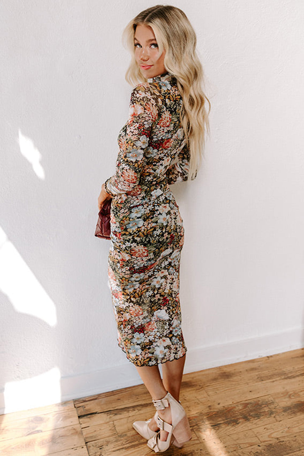 Brown Floral Allover Print Mock Neck Bodycon Long Sleeve Midi Dress