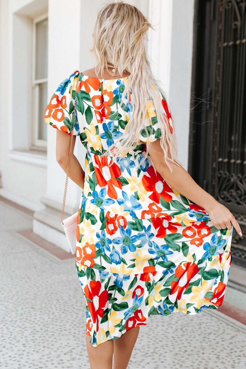 Multicolor Notch Neckline Bubble Sleeve Floral Midi Dress