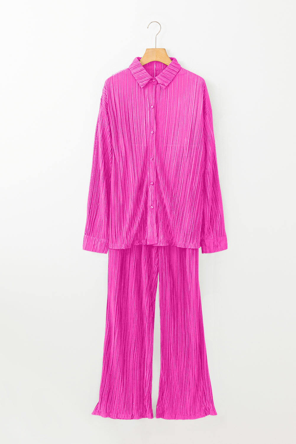 Rose Pleated Long Sleeve Shirt and Wide-Leg Pants Set