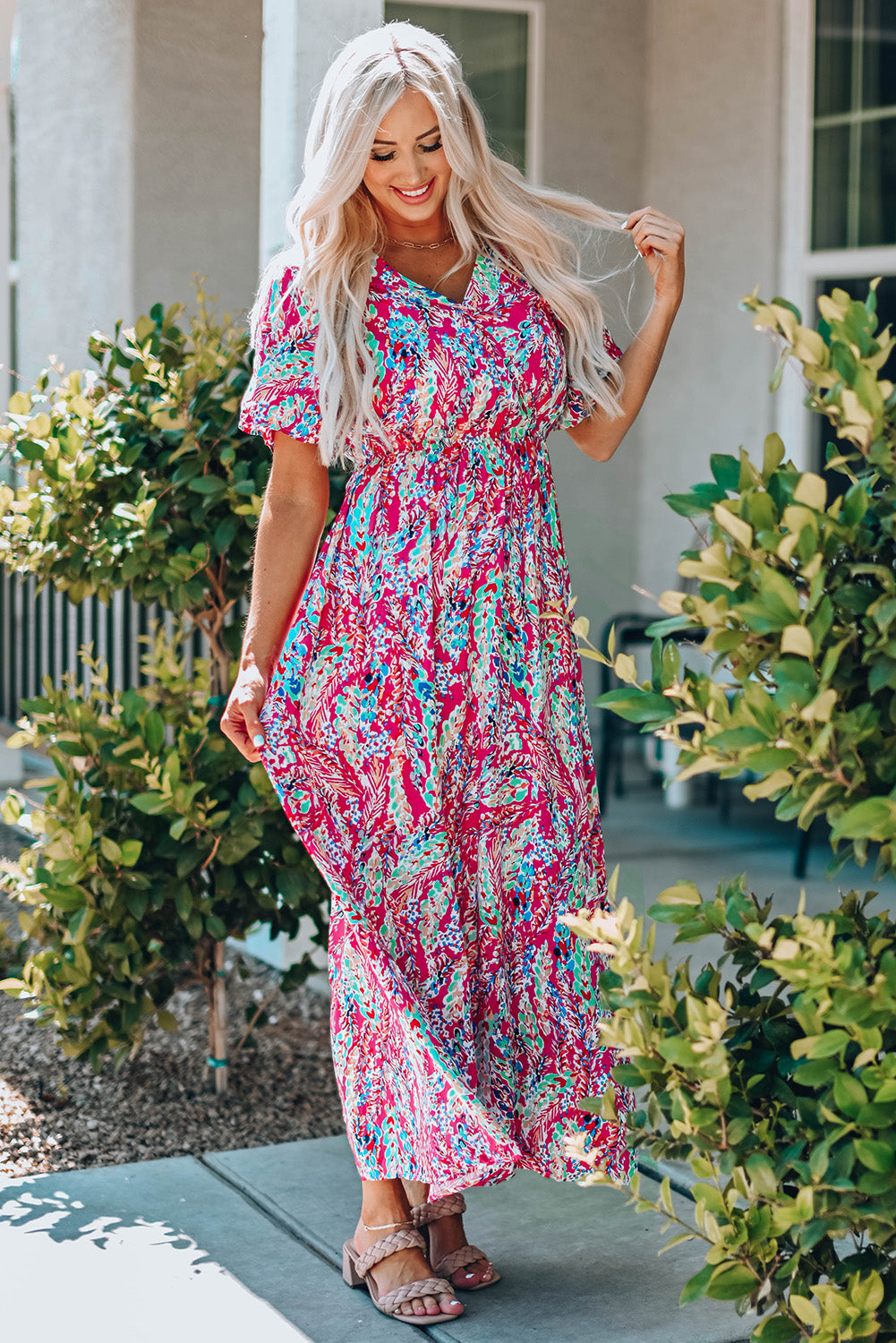 Wrap V Neck Floral Maxi Dress