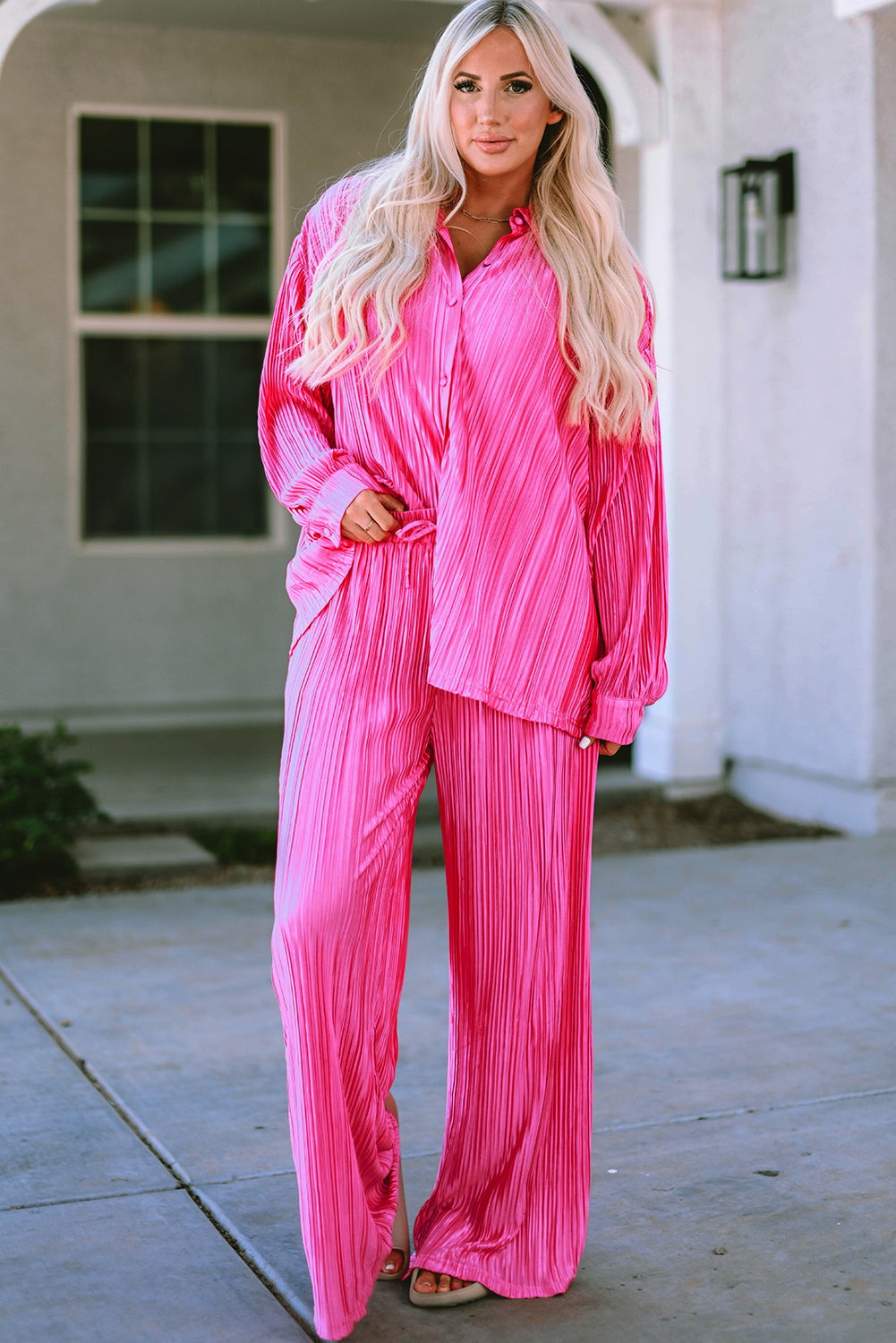 Rose Pleated Long Sleeve Shirt and Wide-Leg Pants Set