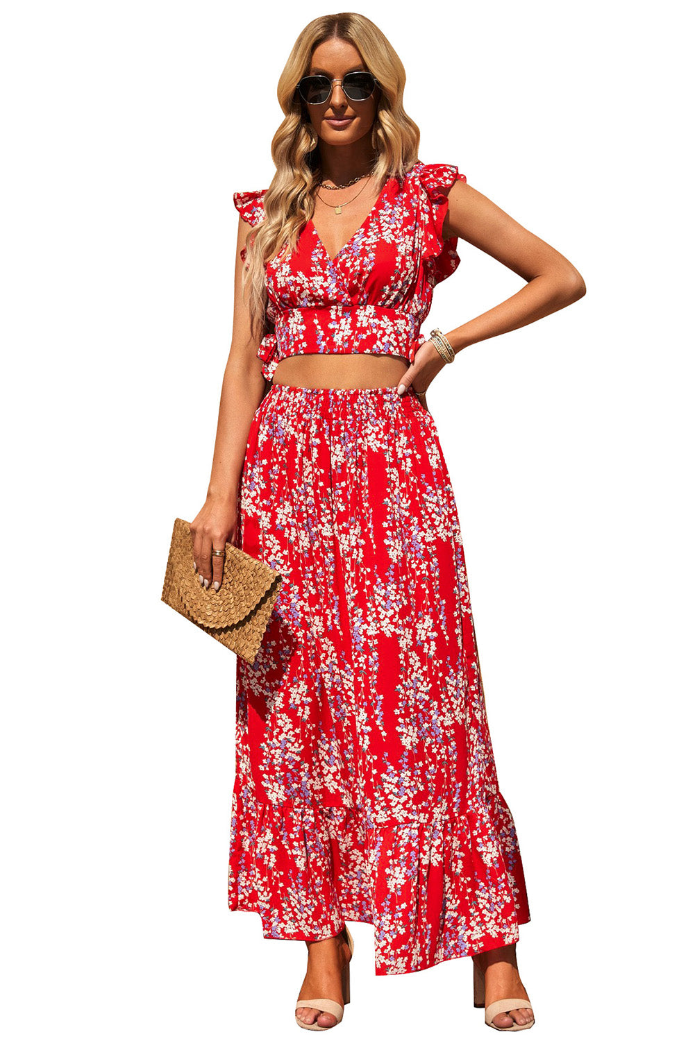 Fiery Red Multicolor Floral Ruffled Crop Top and Maxi Skirt Set