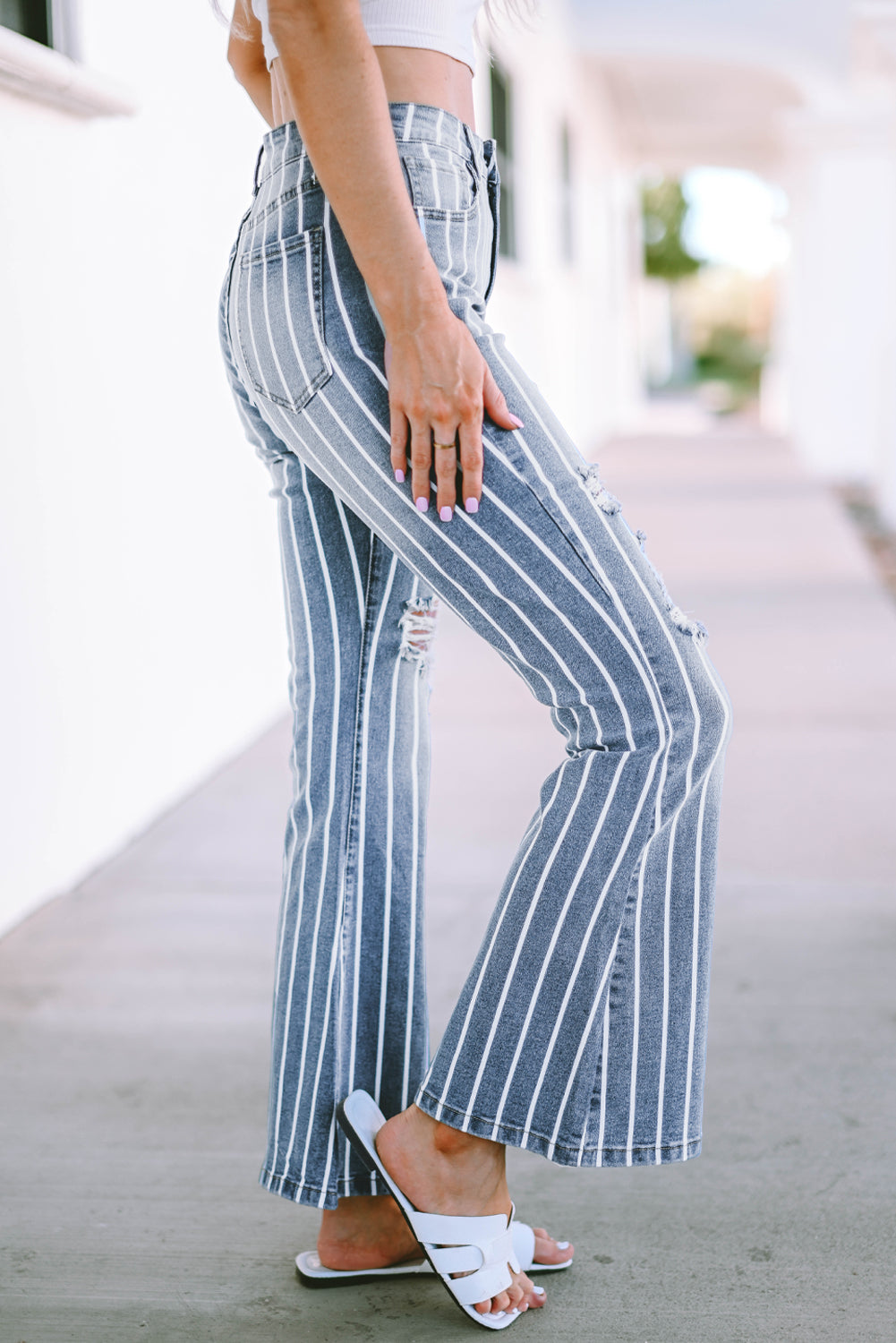 Sky Blue Vertical Striped Ripped Flare Jeans