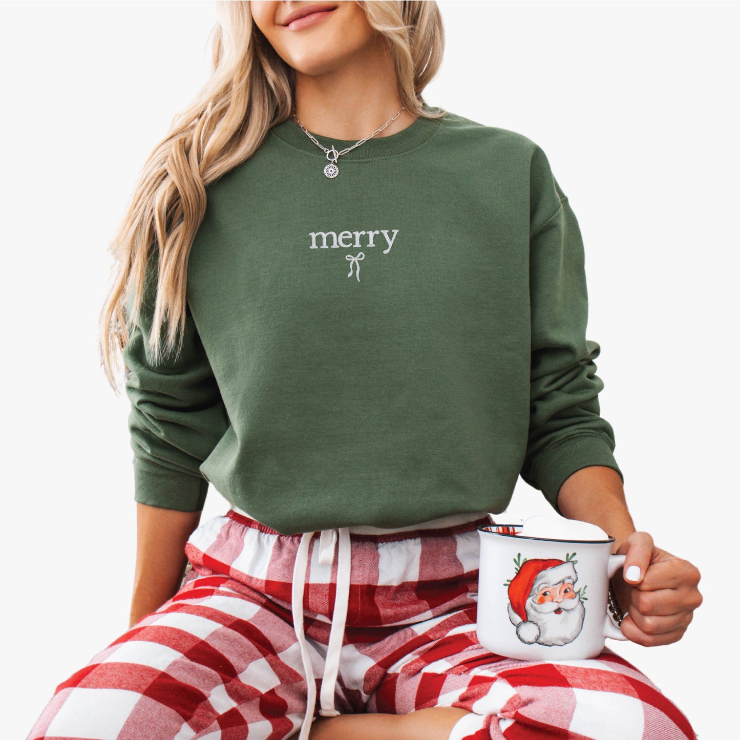 Embroidered Christmas Sweatshirt Holiday Crewneck Merry Bow: Forest Green / X-large