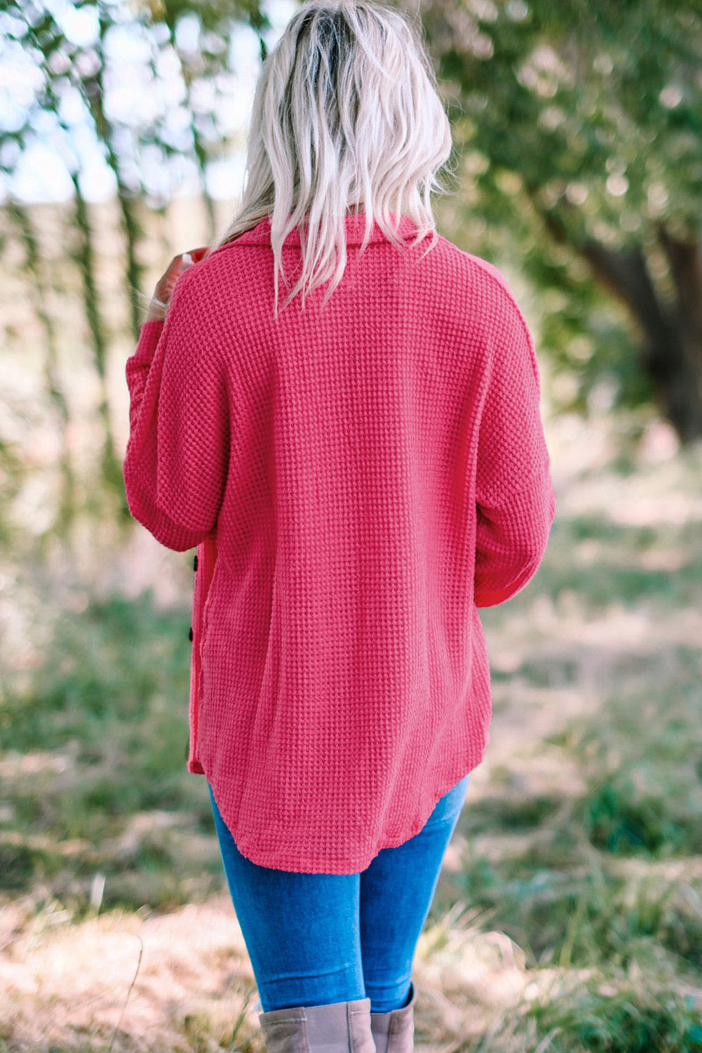 Pink Waffle Knit Button Up Casual Shirt