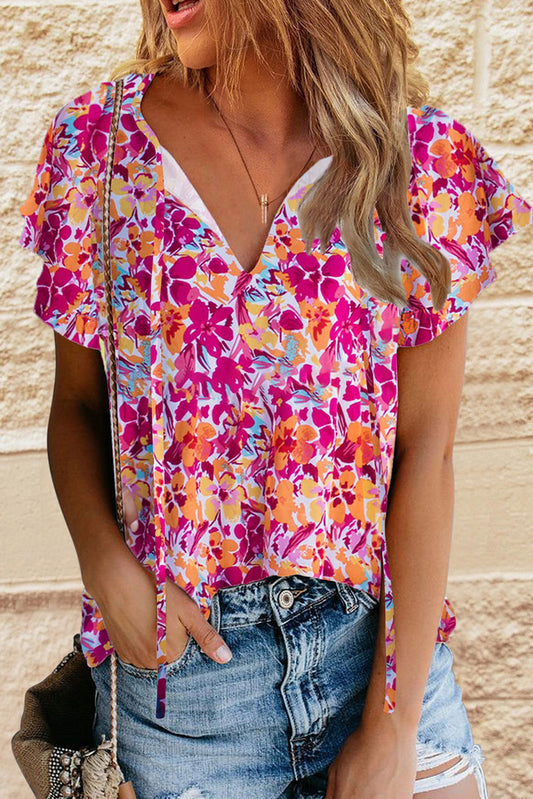 Fiery Red Flutter Sleeves Floral Print Top