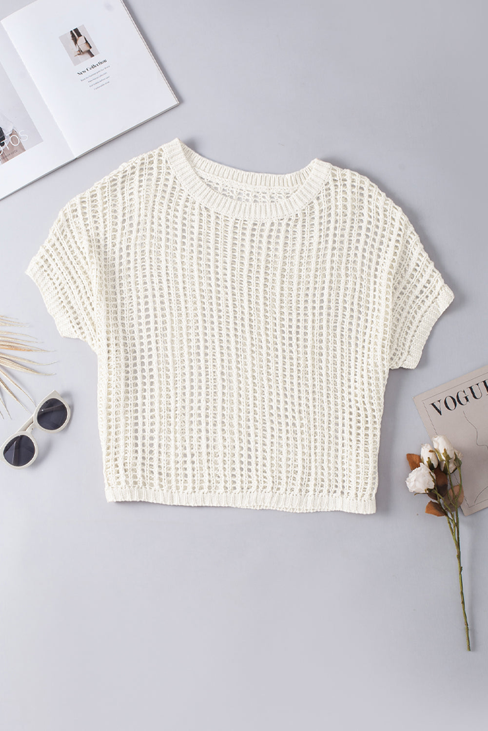 Whit Fishnet Knit Ribbed Round Neck Short Sleeve Sweater Tee