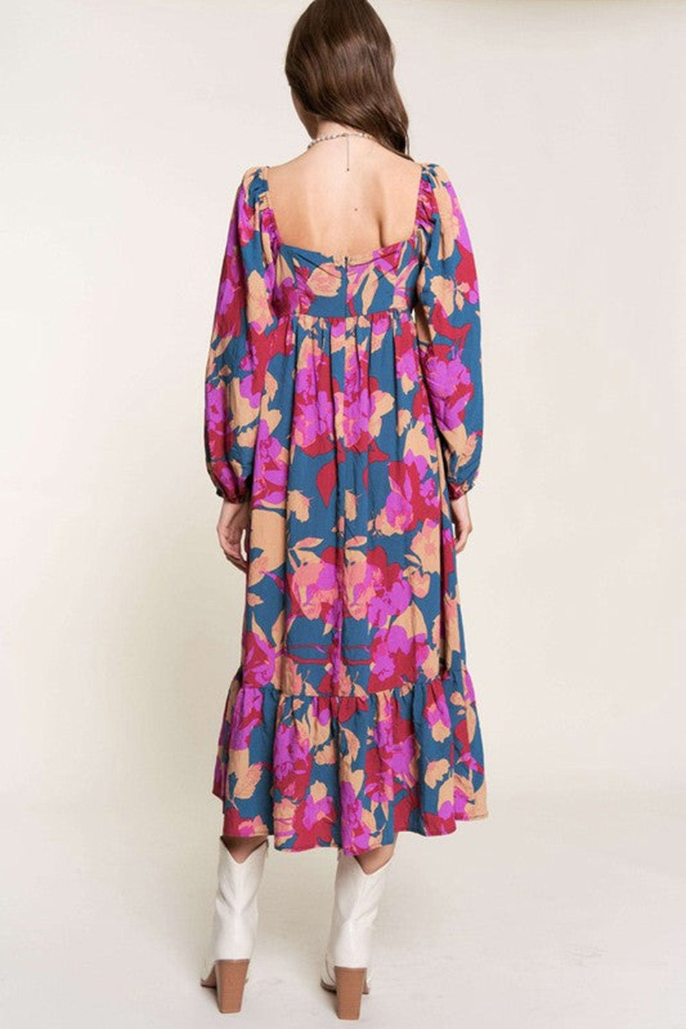 Multicolour Floral Print Square Neck Ruffled High Waist Dress