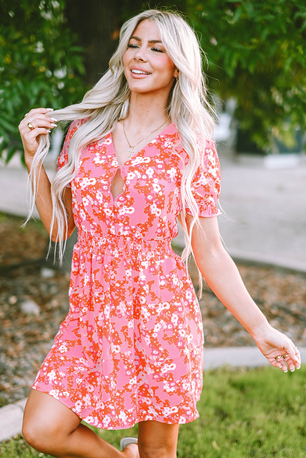 Pink Floral V Neck Short Ruffle Tiered Dress