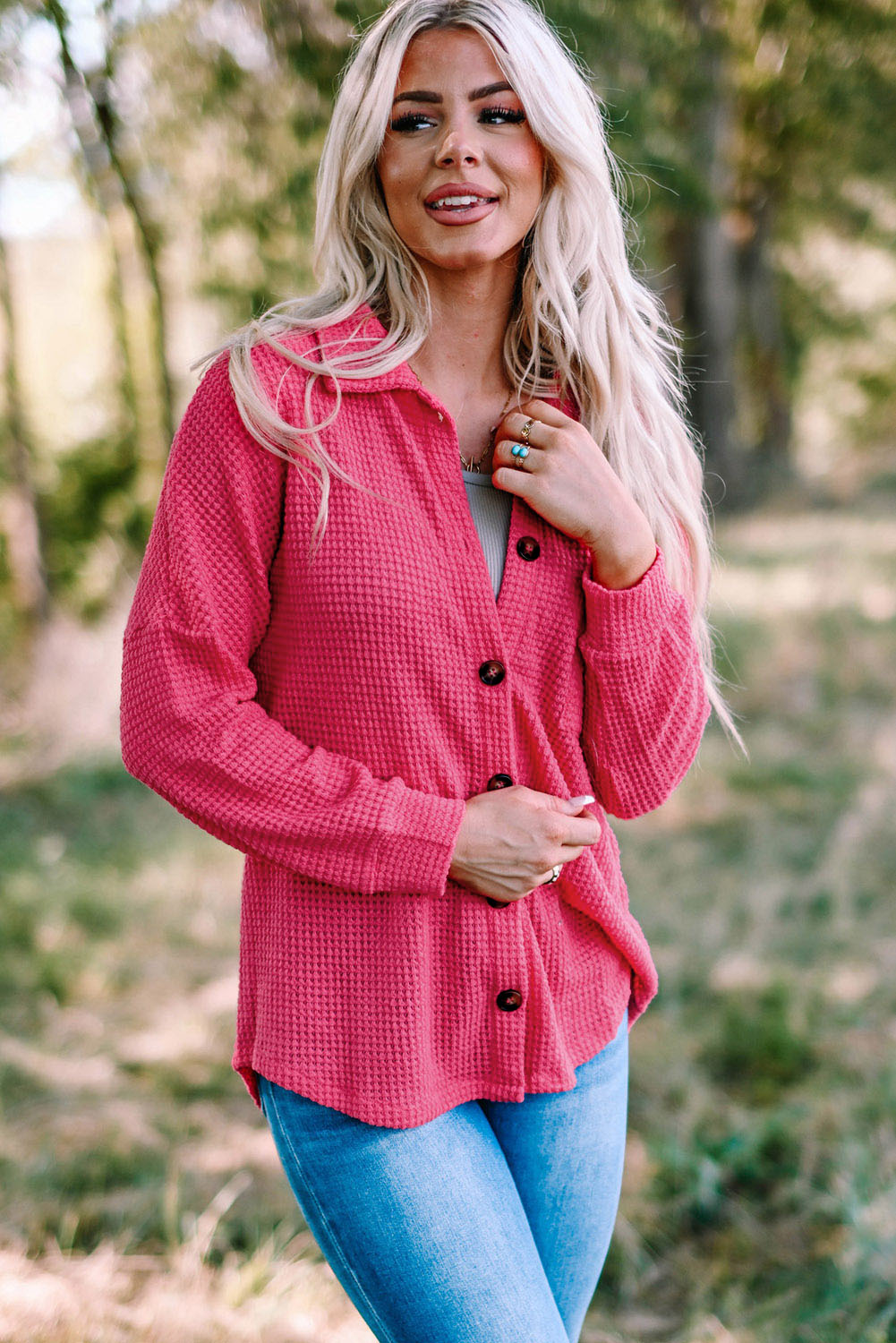 Pink Waffle Knit Button Up Casual Shirt