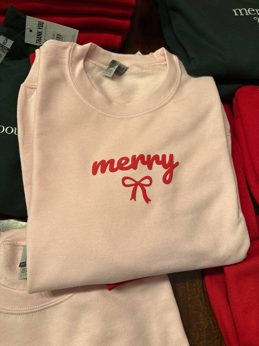 Christmas Sweatshirt MERRY Holiday Crewneck Sweater Puff Bow: Light Pink / Large