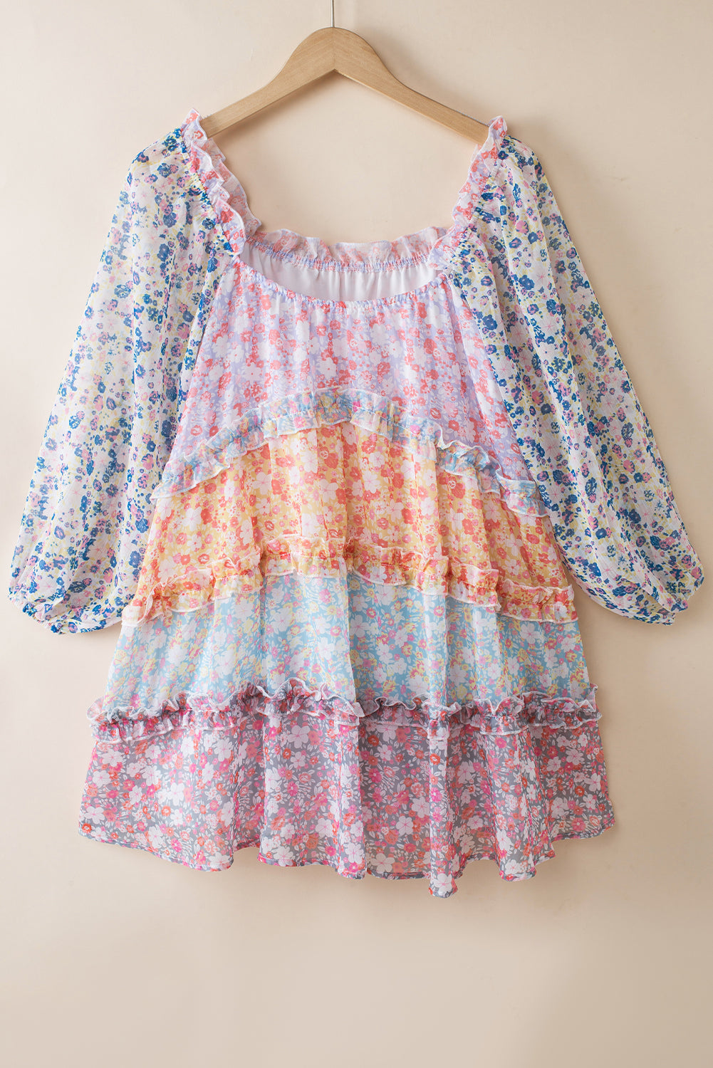 Sky Blue Floral Colorblock Tiered Puff Sleeve Dress