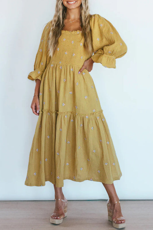 Yellow Printed Boho Ruffled Bracelet Sleeve Smocked Textured Midi Dress