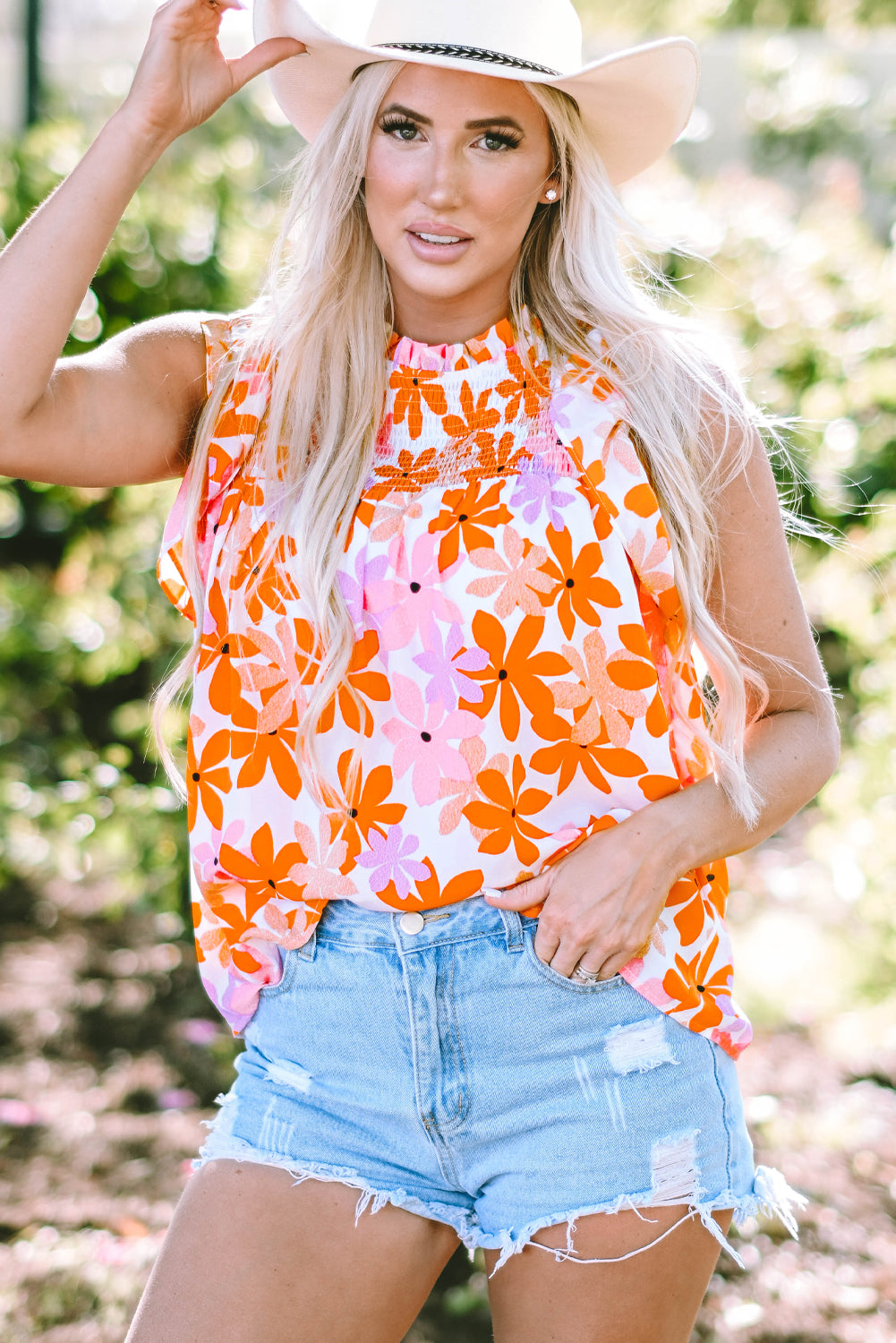 Orange Ruffled Sleeve Smocked Floral Top