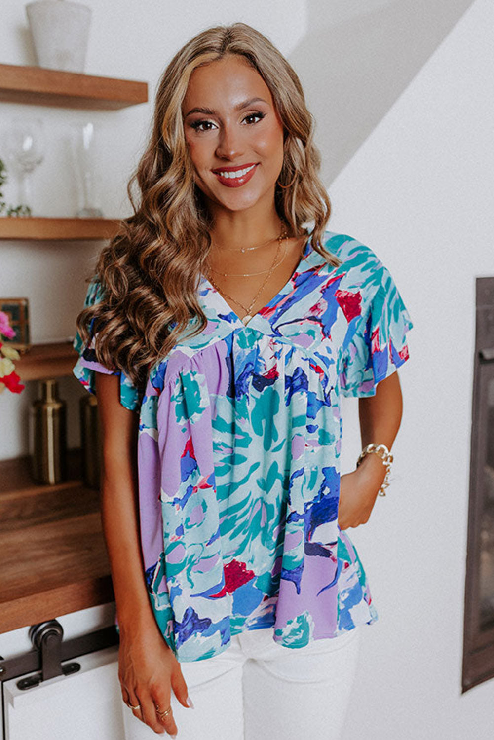 Sky Blue Abstract Print V Neck Flutter Sleeve Blouse