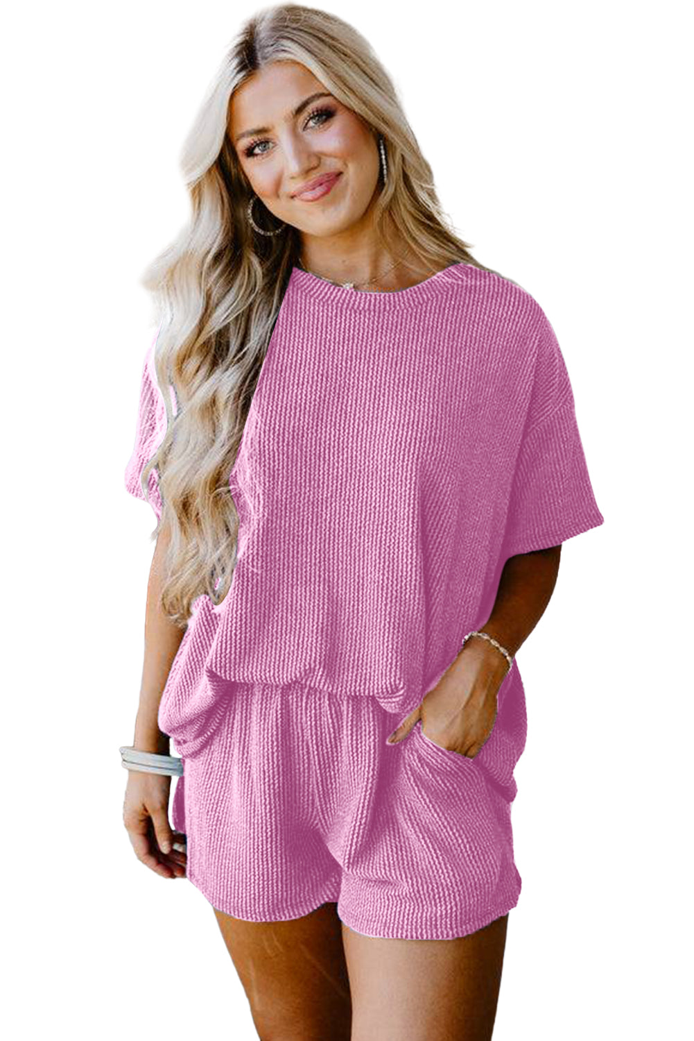 Phalaenopsis Ribbed Textured Knit Loose Fit Tee and Shorts Set