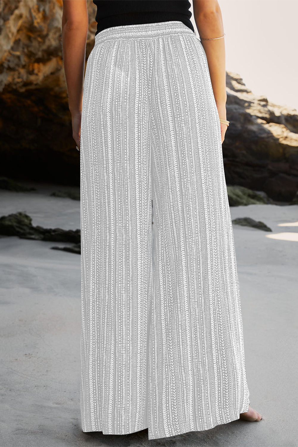 White Striped Printed Slit Wide Leg High Waist Pants