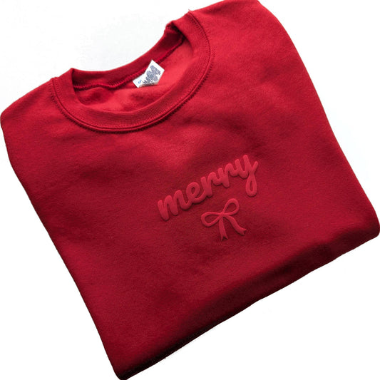 Christmas Sweatshirt MERRY Holiday Crewneck Sweater Puff Bow: Red / X-large