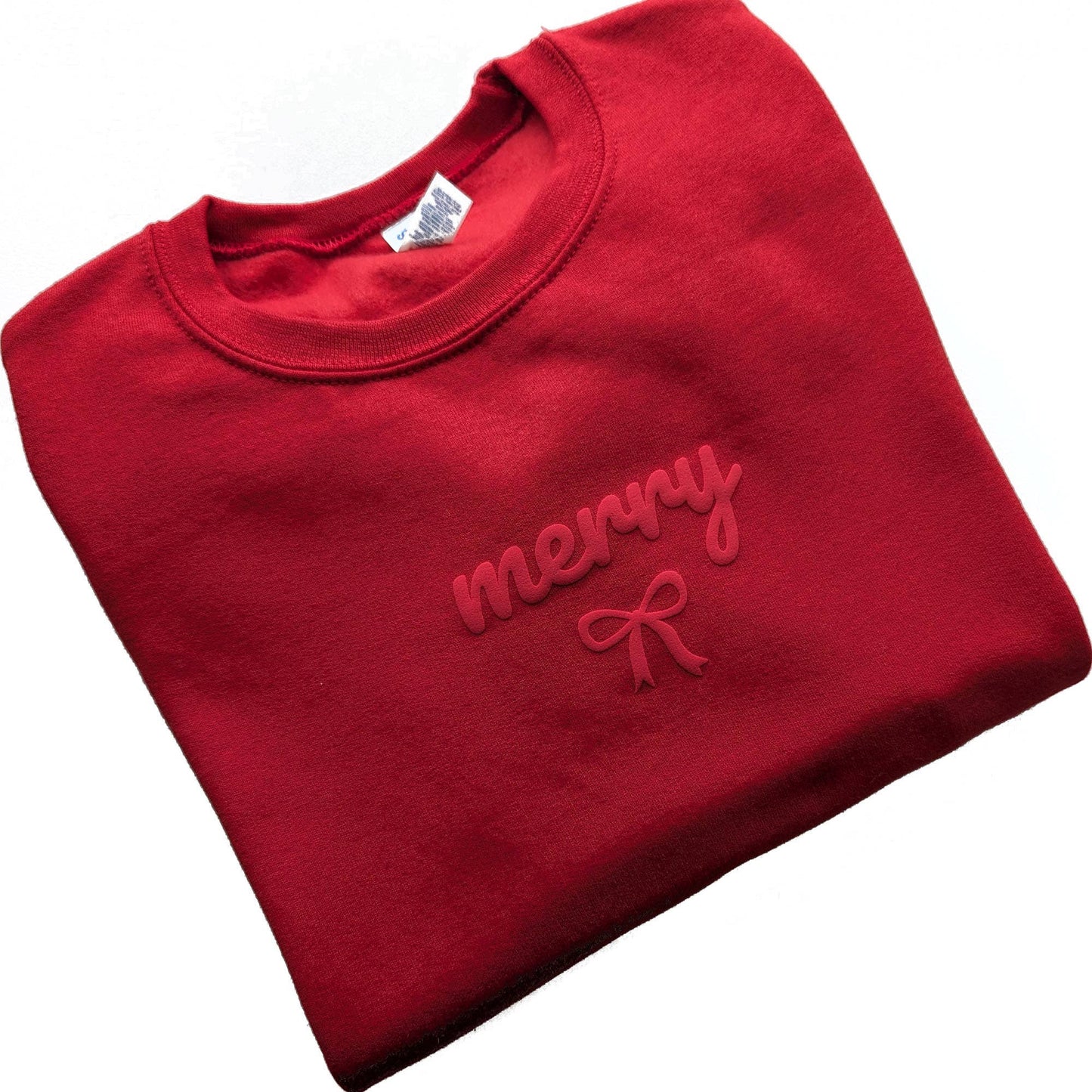 Christmas Sweatshirt MERRY Holiday Crewneck Sweater Puff Bow: Red / 2XL