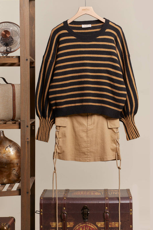 Stripe Puff Sleeve Sweater: Black/Brown / L