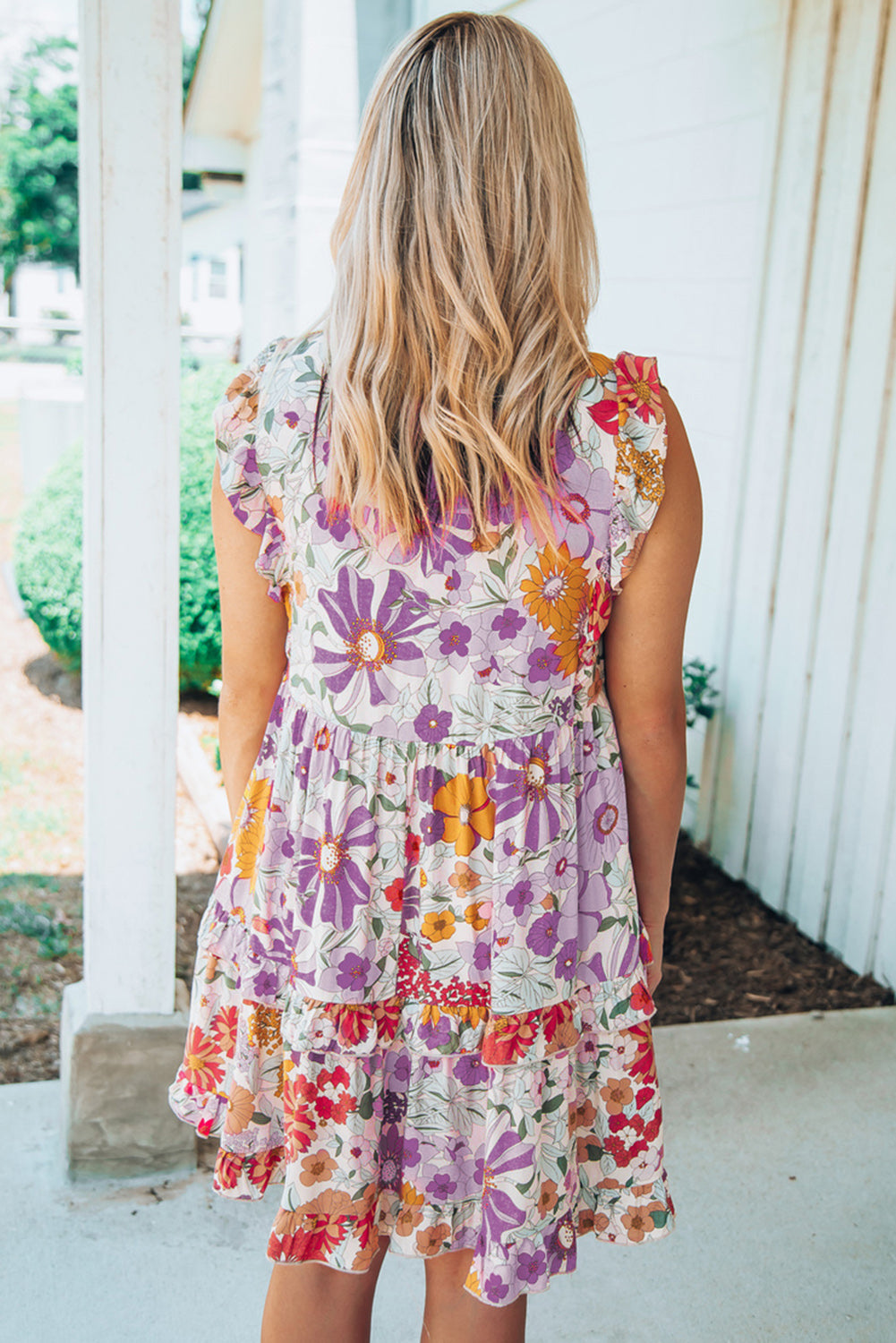 Purple White Ruffled Tank Floral Dress