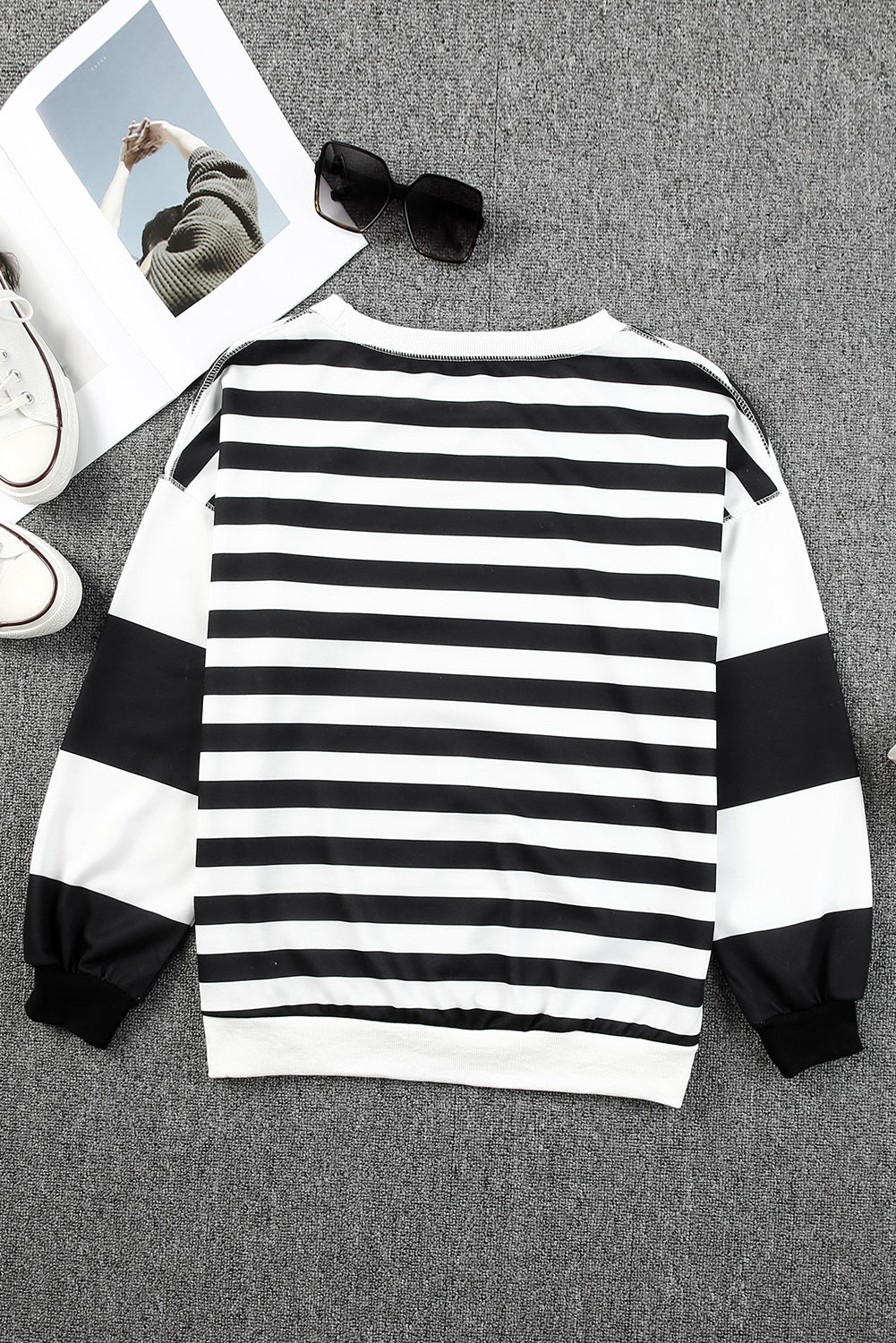 Black Stripe Drop Shoulder Striped Pullover Sweatshirt