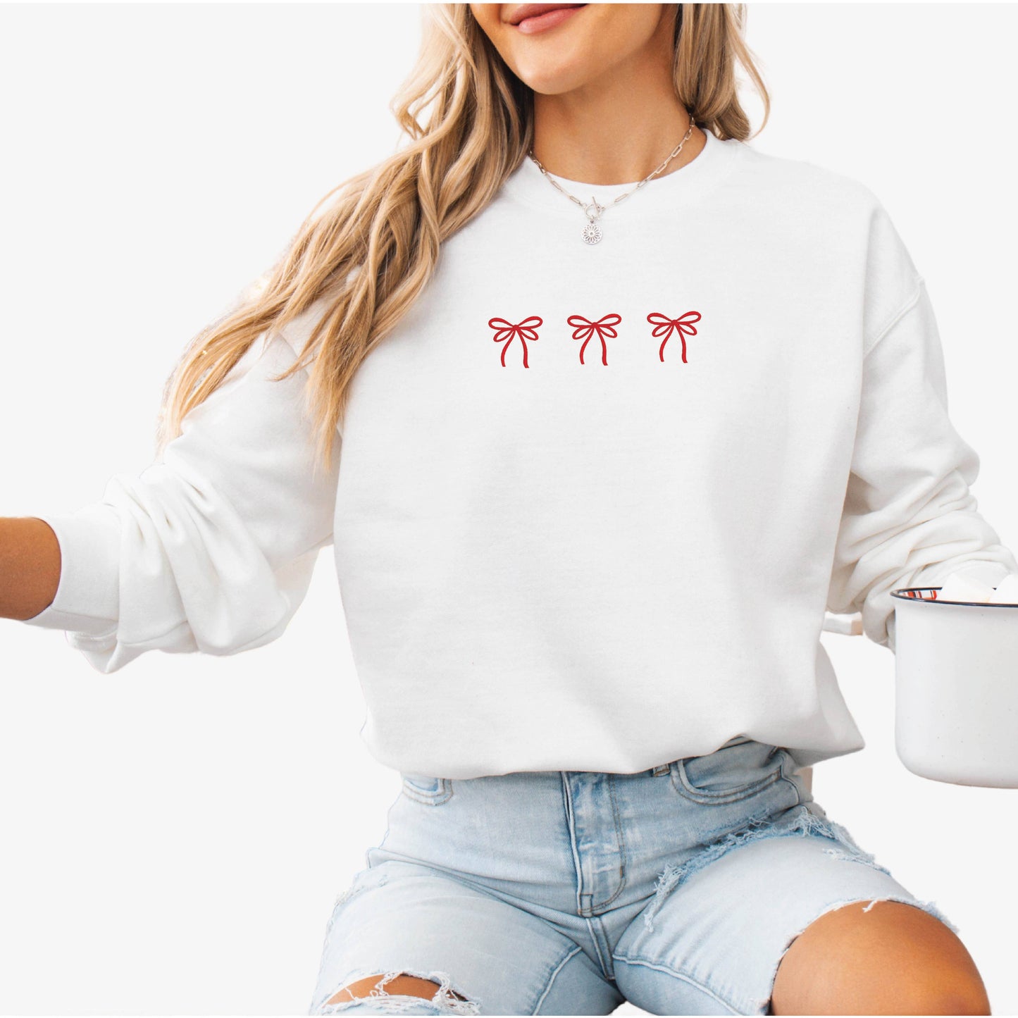 Embroidered Christmas Sweatshirt Holiday Crewneck Three Bow : Light Pink / Large