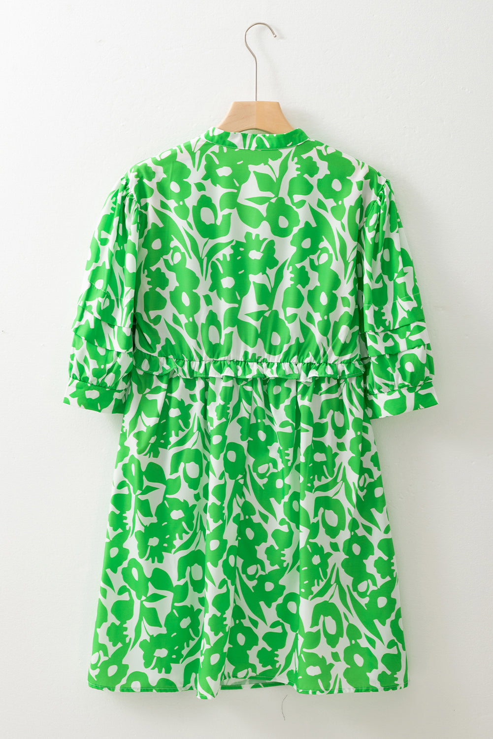 Green Floral Print Puff Half Sleeve V Neck Babydoll Dress