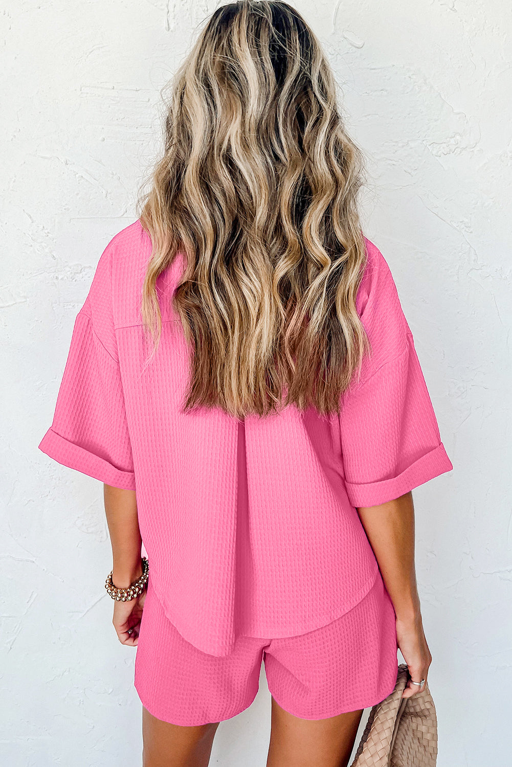 Bright Pink Textured Chest Pocket Half Sleeve Shirt Shorts Outfit