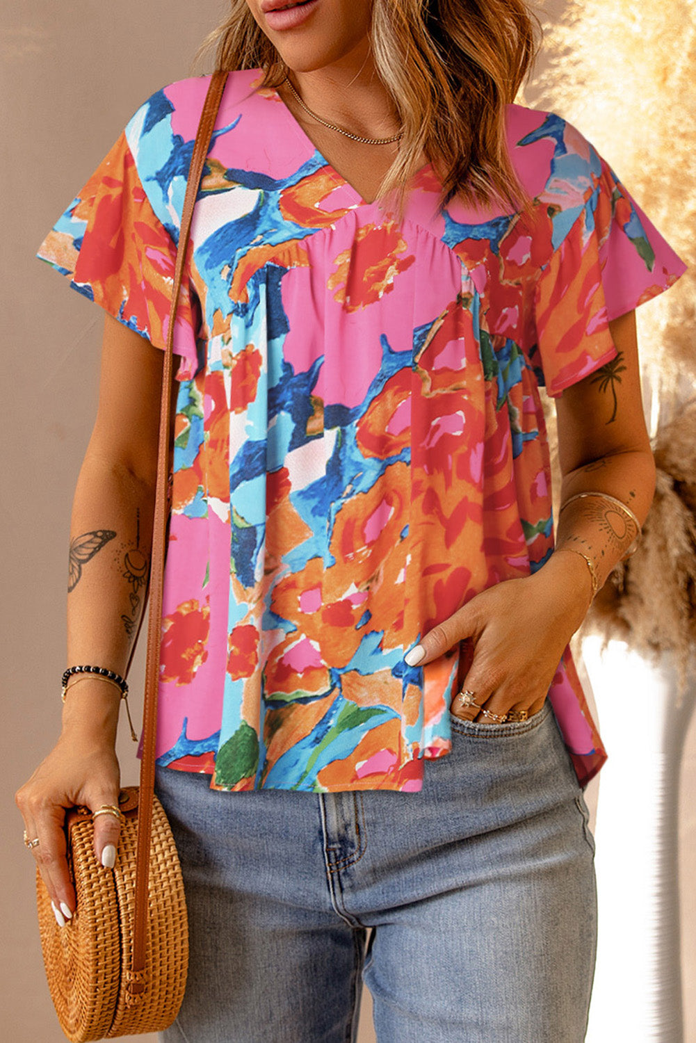 Pink Abstract Print V Neck Flutter Sleeve Blouse