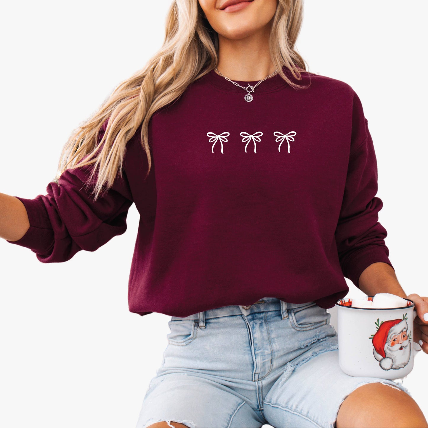 Embroidered Christmas Sweatshirt Holiday Crewneck Three Bow : Red / Large